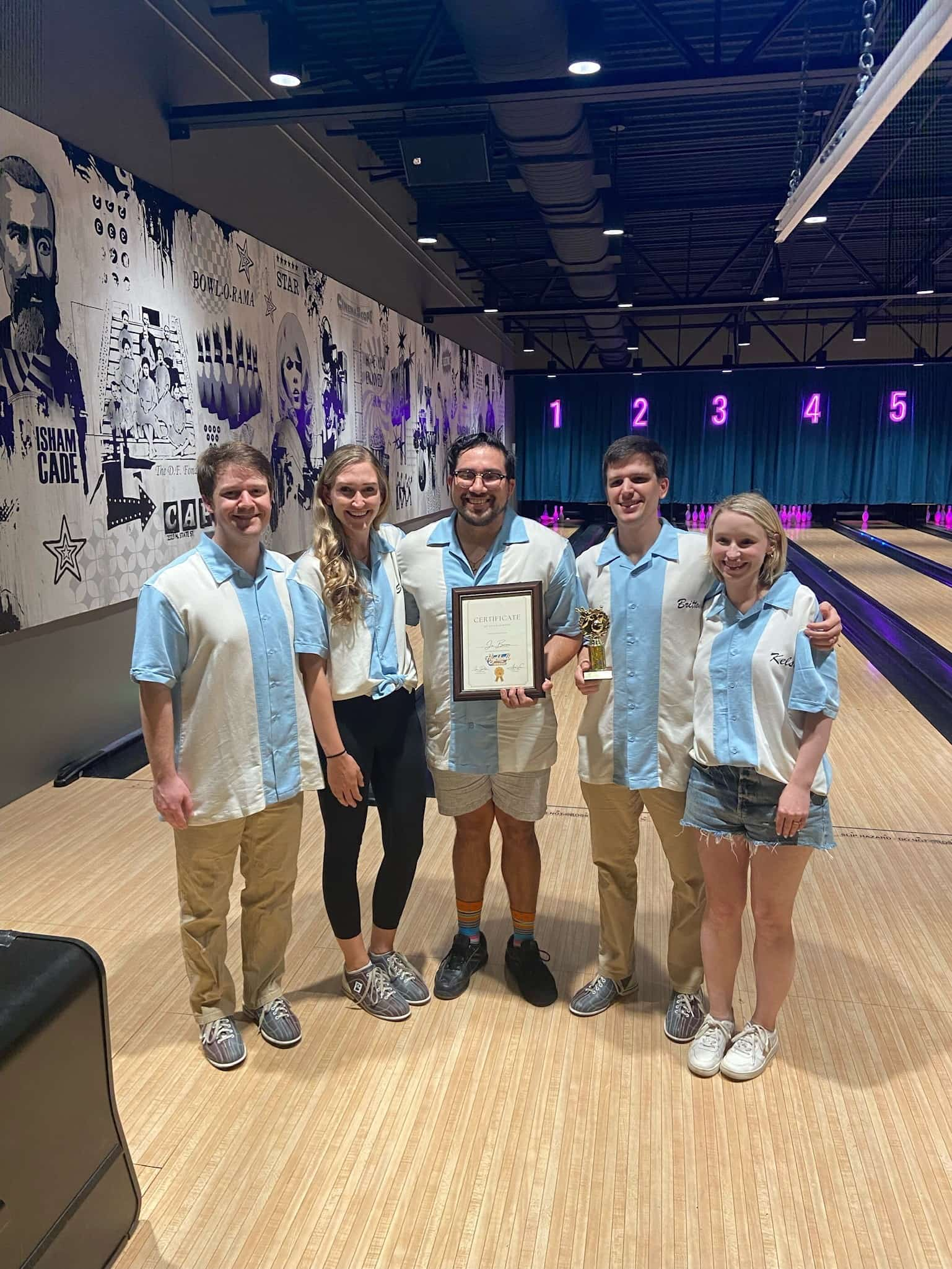 Resident bowling league with trophies